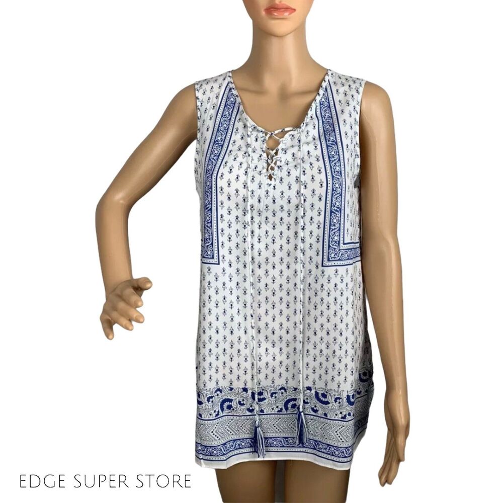 Max Studio Blue White Tassel Floral Rayon Sleeveless Tie Up Blouse Top Sz Medium